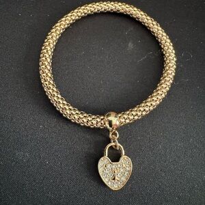 Gold Tone Stretch Bracelet - Dangling  Heart Charm w/ Crystal/Gold Accents